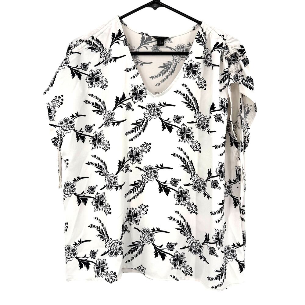 Ann Taylor Size Large White Black Short Sleeve Blouse Top Shirt